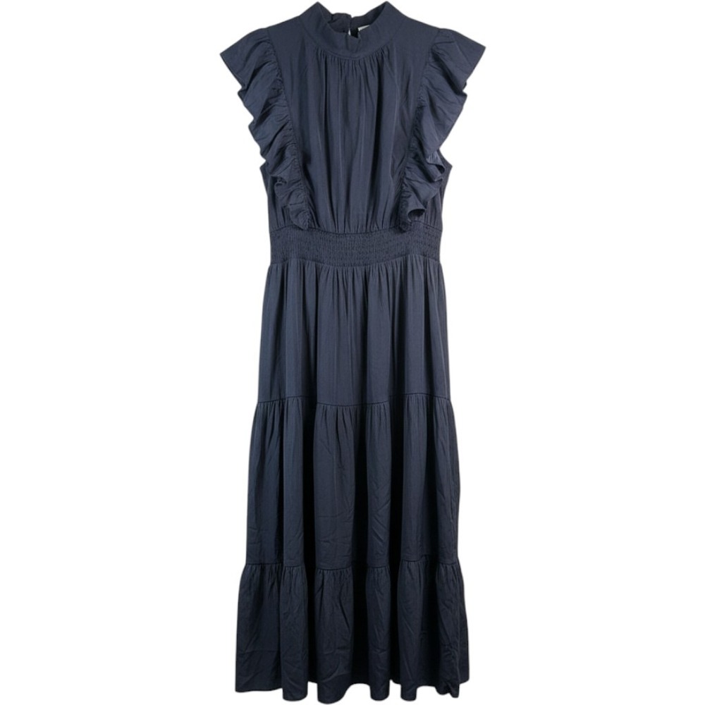 HOMEYEE Navy Ruffle Tiered Knee Length Dress Womens L US 8 Mock Neck Smocked